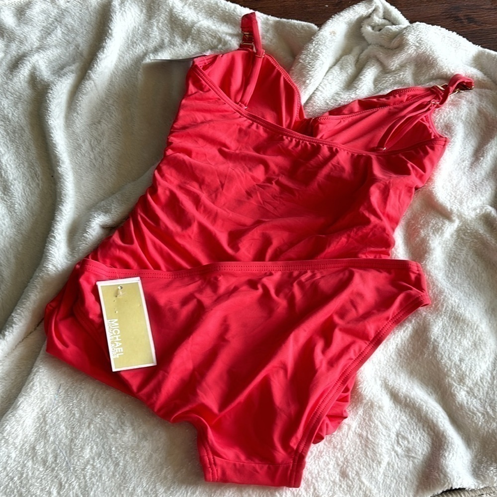 Michael Kors Sea coral 2 piece over the shoulder twist tankini swimsuit S - Picture 6 of 14